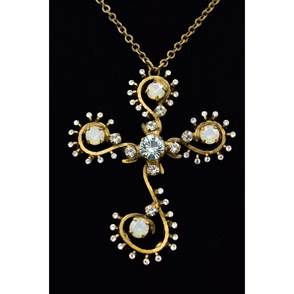 Konplott by Miranda Crystal Cross Necklace Antiqued Gold Sparkling Signed Bin1